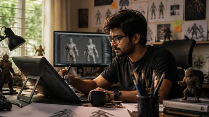 AI 3D artist at the workstation