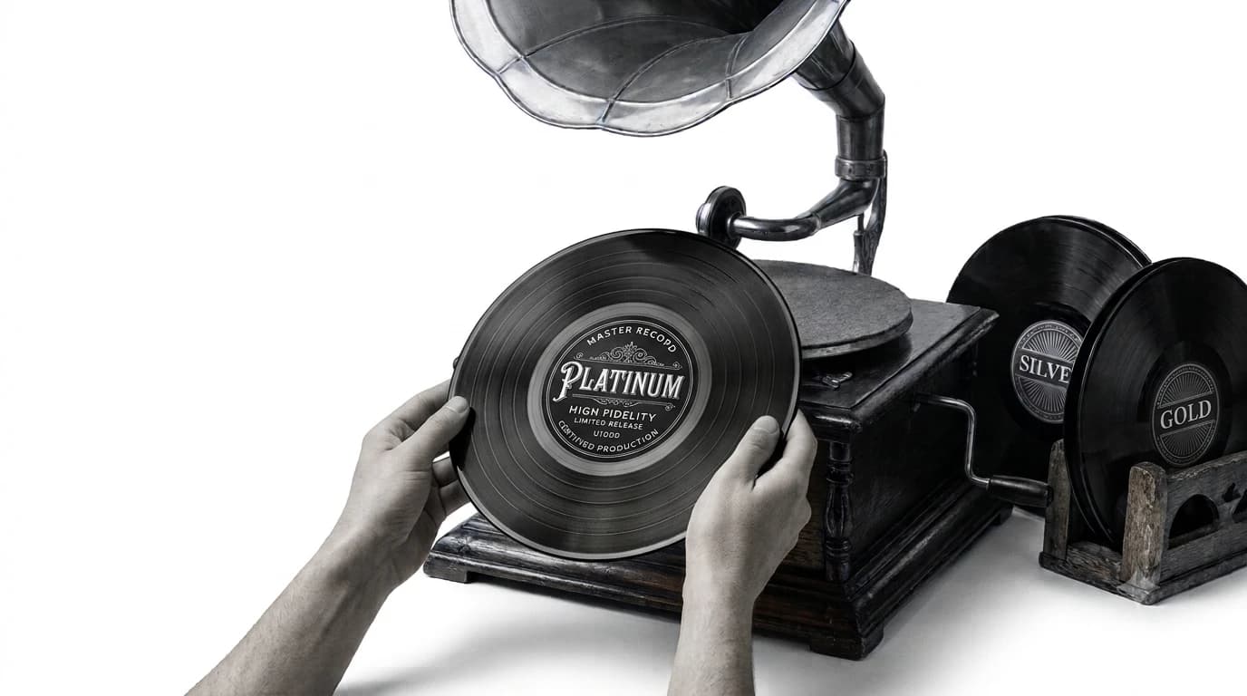 Gramophone playing a platinum master record, with gold and silver records racked beside it